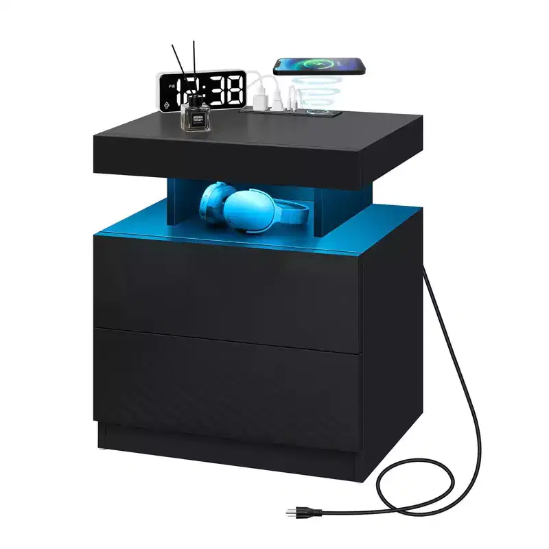 Hommpa Modern LED Nightstand with Wireless Charging Station & 2 Drawers