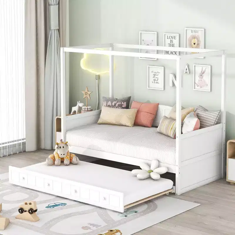 Twin Canopy Bed with Trundle, Wooden Daybed Frame with 4 Poster & Platform Bed, White