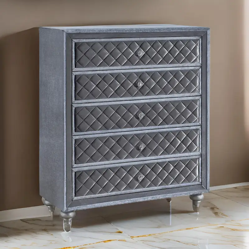 49 Inch Tall 5-Drawer Dresser Chest, Crystal Knobs, Smooth Gray Velvet