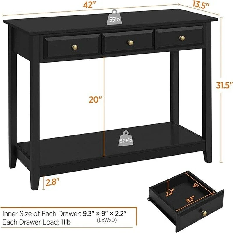 Black MDF Console Table with 3 Drawers, Single-User