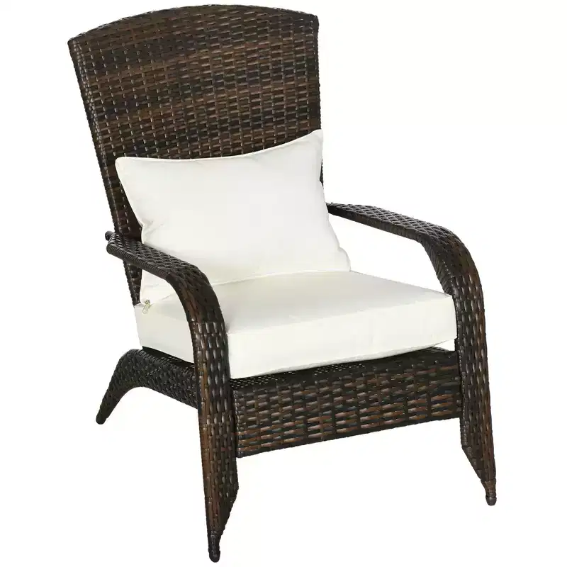 Outsunny Patio Adirondack Chair with All-Weather Rattan Wicker, Soft Cushions, Tall Curved Backrest for Deck or Garden, Cream White
