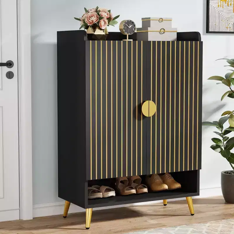 Lantine Shoe Cabinet with Doors, 7-Tier Shoe Storage Cabinet with Adjustable Shelves, for Entryway, Hallway, Closet, Living Room, Black