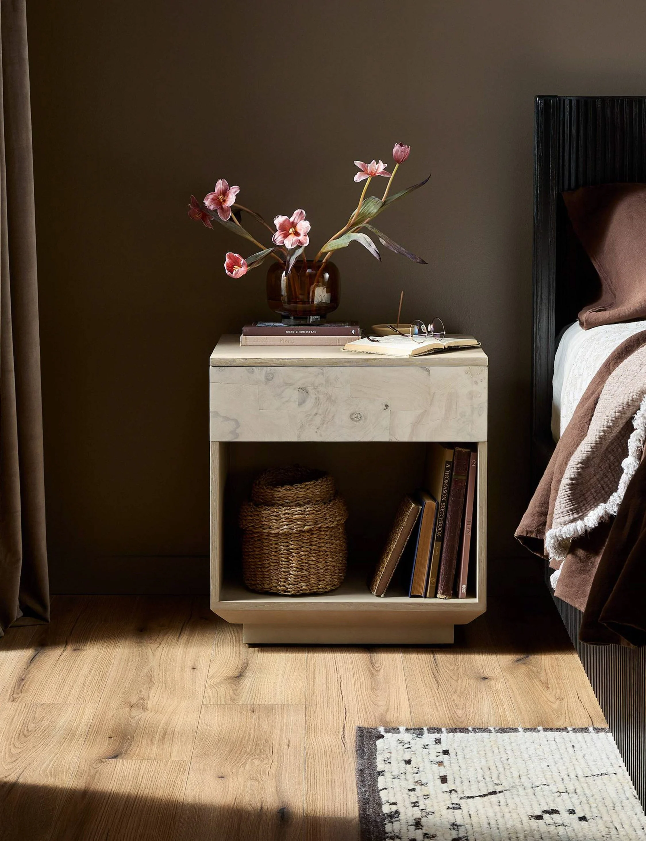 Nightstand - Evolve your bedroom's aesthetic with this unique, handcrafted nightstand and its organic patchwork drawer front design, all cut and
