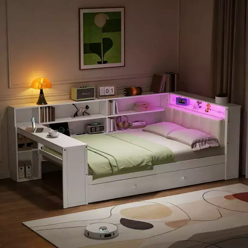 Luxystar Twin Size Wooden Platform Bed with Upholstered Headboard, 8 Storage Shelves, Trundle and Desk