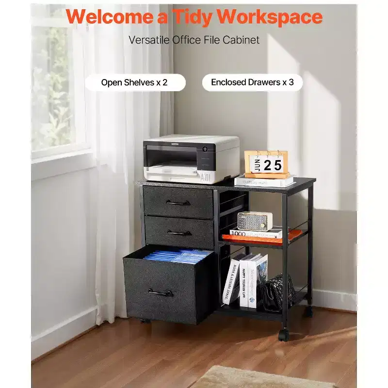 Mobile File Cabinet with 3 Fabric Drawers and Shelves - Rolling Filing Storage for Home Office