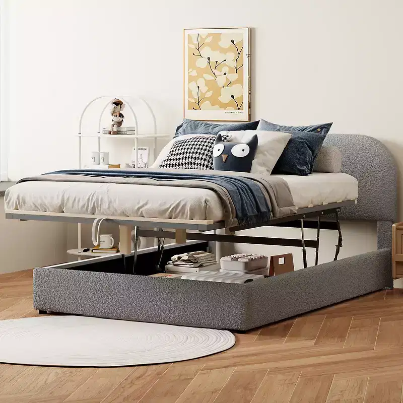 Whisen Queen Size Teddy Fleece Upholstered Platform Bed with Curved Headboard, Hydraulic Storage