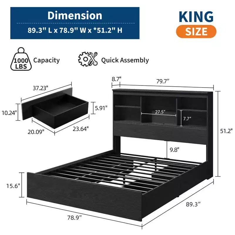 Coolmee Bed Frame with High Storage Bookcase Headboard, 4 Drawers & Built-in Charging Station, Metal Frame Noise-Free No Box Spring Needed