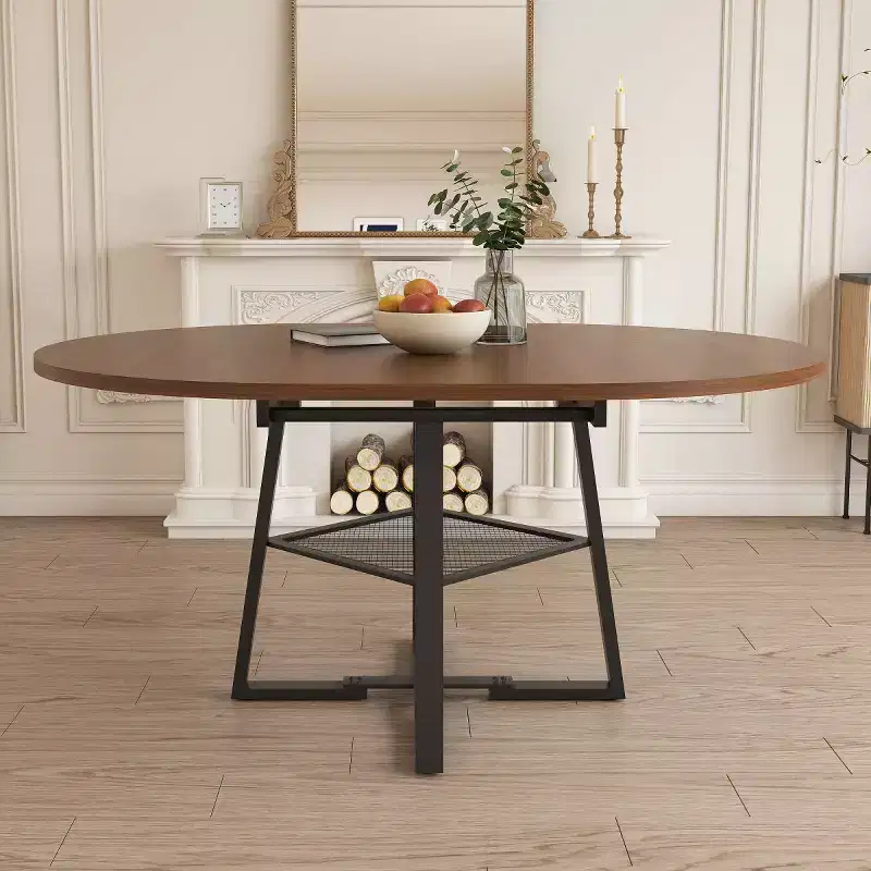 4759 Extendable Round Dining Table for 4-6, Circle Kitchen Table with Storage Shelf, Thickened Top and Metal Frame for Dining Room-Panipeachy