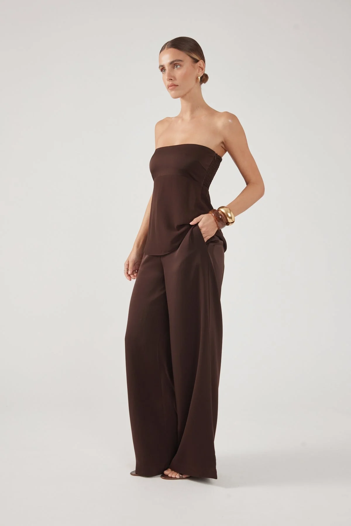 Satin Mid Rise Tailored Pants Brown