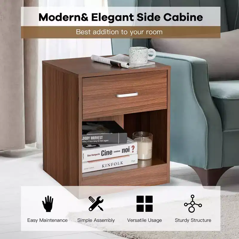 Modern Nightstand with Drawer and Open Shelf Black/Brown