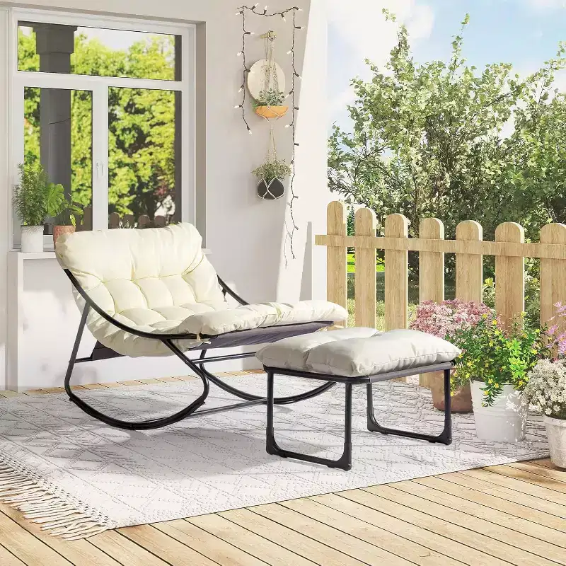 VINGLI Outdoor Rocking Chair with Ottoman, Comfortable Cushioned Lounge Chair for Indoor & Outdoor, Supports 400 LBS, White