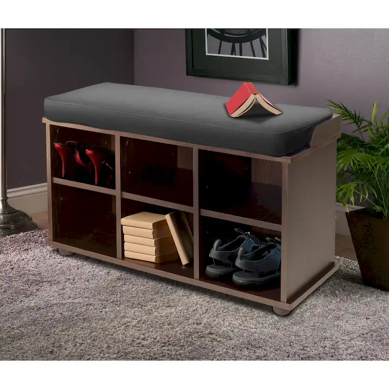 6-Cube Storage Bench with Fabric Cushion – Espresso / Black, Solid Wood, 1-Person Seating