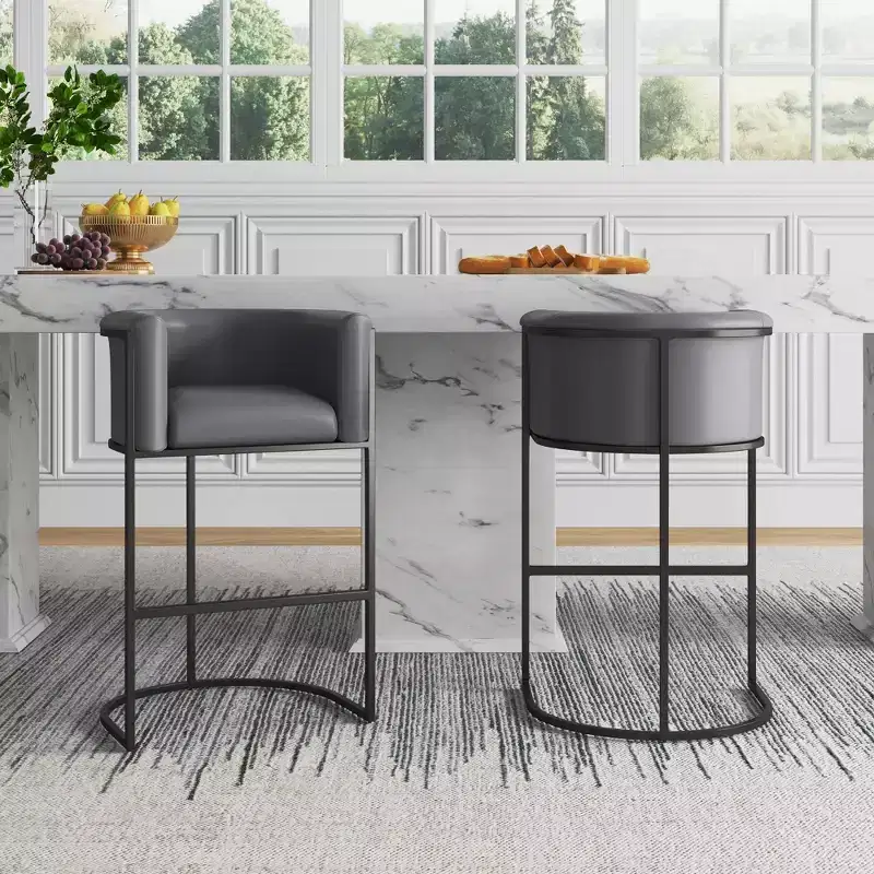 Mid-Century Modern Upholstered Metal Barstool Faux Leather 29.5