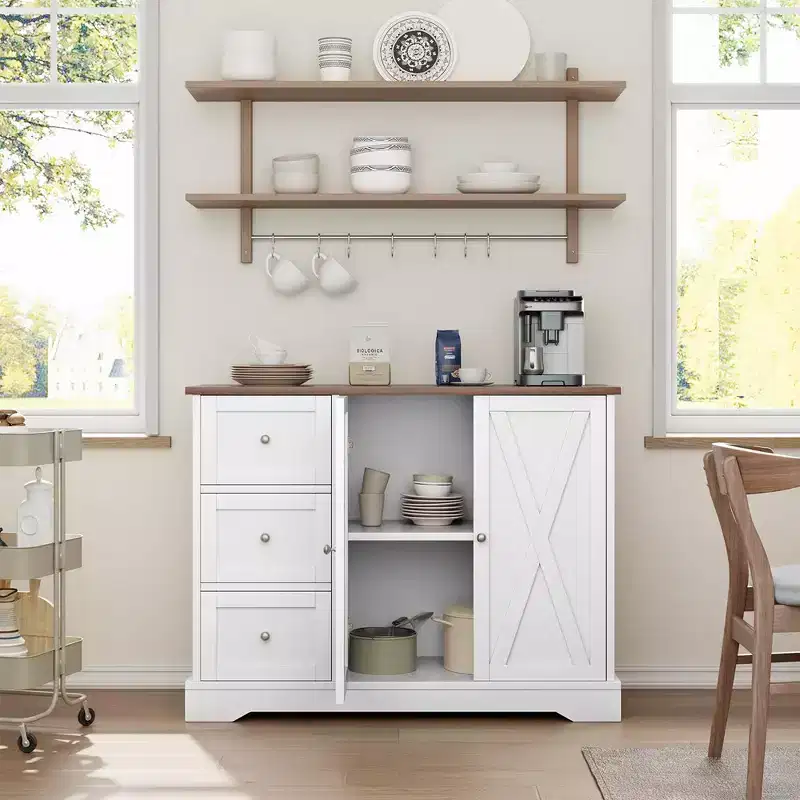 Buffet Cabinet with Storage, Coffee Bar Cabinet with 3 Drawers for Kitchen Dining Room, White