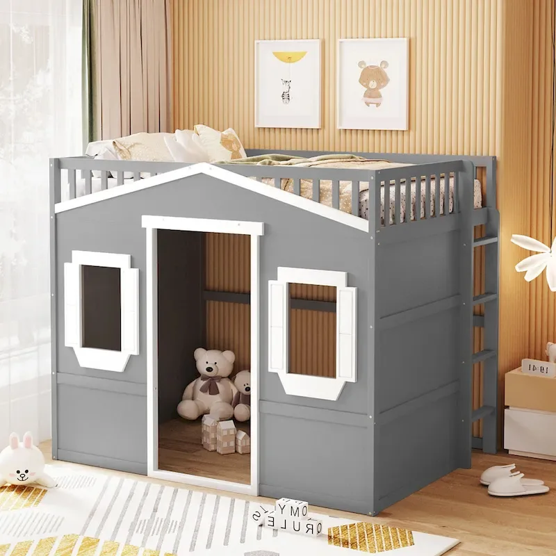 House Loft Bed With Ladder-Gray+White Frame