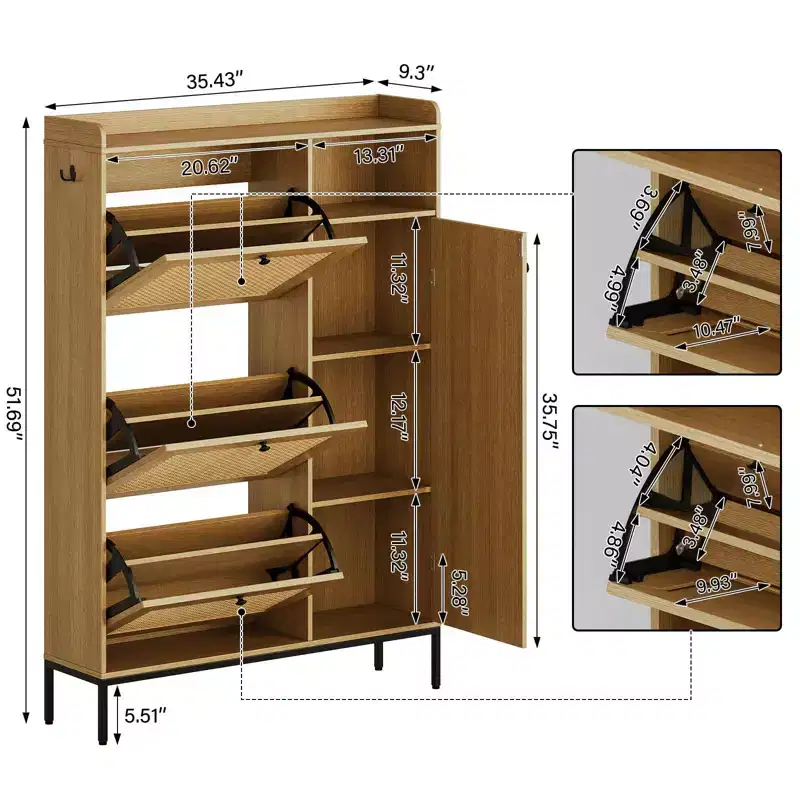 GustoWave Rattan Shoe Cabinet, Shoe Cabinets with 3 Flip Drawers, Free Standing Narrow Shoe Storage Organizer, Shoe Rack Cabinet