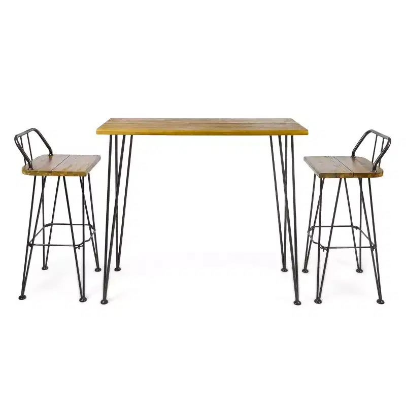 Christopher Knight Home Outdoor Industrial Acacia Wood 3 Piece Bar Set with Hairpin Legs, Teak