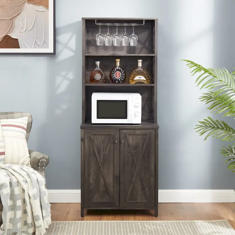 Coffee Bar Cabinet with Microwave Stand Metal Frame Side Home Source Bar Cabinet Cabinet and Hollow out Barn Design Wood Cabinet