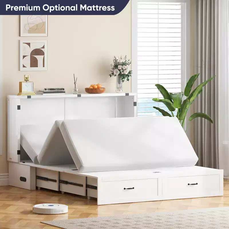 Modern Murphy Bed Queen Size with Charging & Storage, Optional Mattress