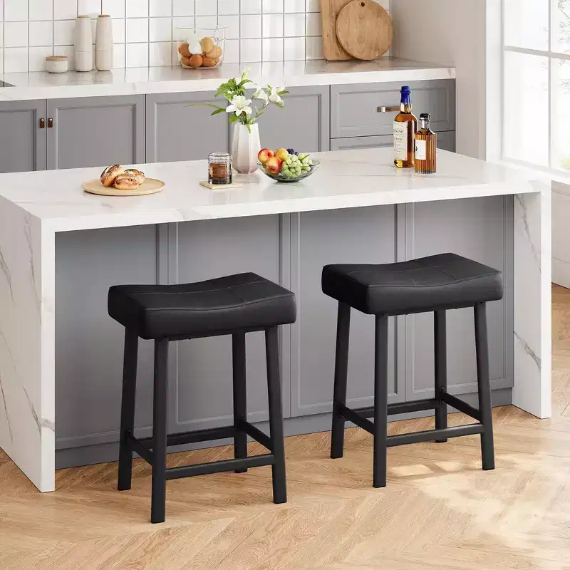 Whizmax 24 Inch Backless Saddle Barstools Set of 2, Counter Height Upholstered Padded Barstools with Curved Surface, Metal Leg and Footrest
