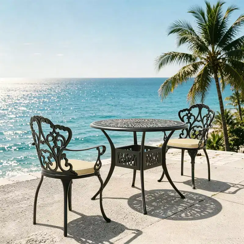 3-Piece Cast Aluminum Patio Dining Set, Black Rust Resistant Frame with Water Resistant Cushions
