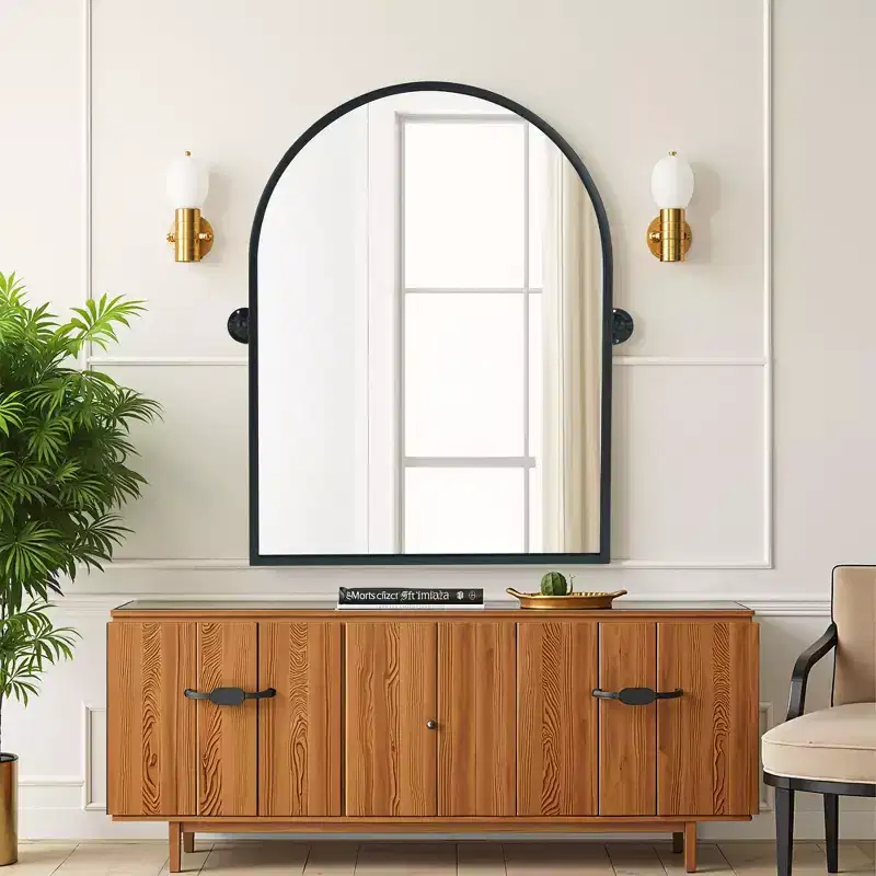 Black Hardware Hanging Mirror with Iron Right-Angled Arch Design, 91x61x4cm