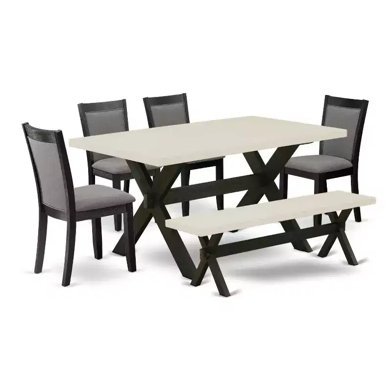 HomeStock 6-Piece Rectangle Natural Oak Finish Solid Wood Top Dining Table with 1-Bench, 4 Upholstered-Chairs