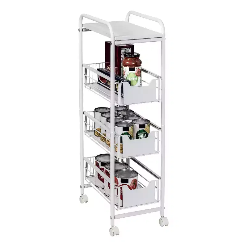 4-Tier Slim Rolling Storage Cart with 3 Pull-Out Drawers & Locking Wheels