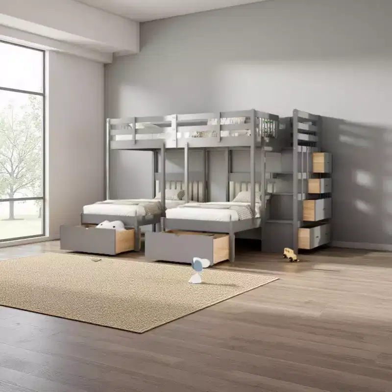 Full Over Twin & Twin Triple Bunk Bed with Storage Stairs