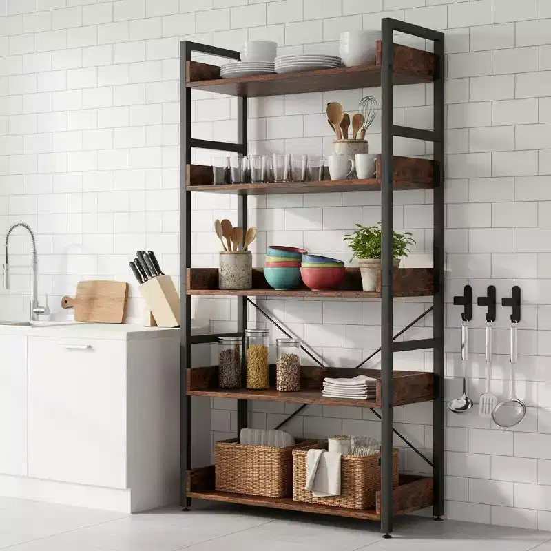 5-Tier Storage Rack with Hooks, Open Shelves, Rustic Wood Grain, Adjustable Feet, Brown+Black