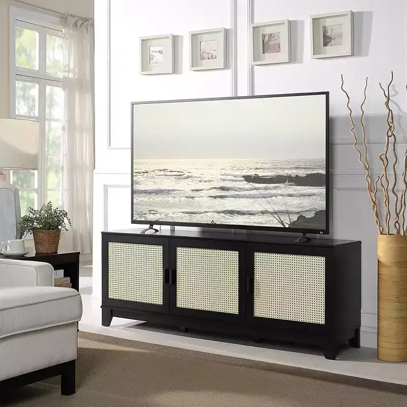 GDFStudio Stefan 63 Modern Cane and Wood TV Stand with 3 Soft-Close Doors