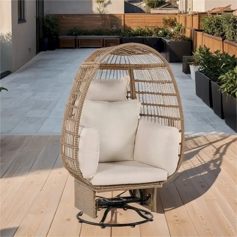 Egg-Shaped Wicker Patio Chair with 360° Swivel, Rocking Base and Cushions