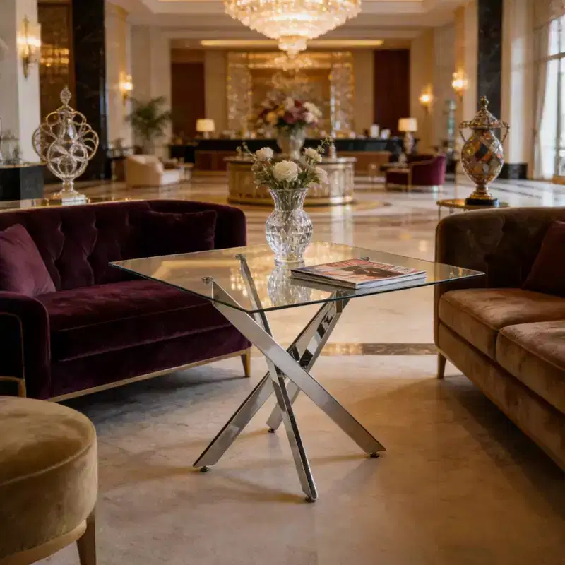 Dining Table with Cross Metal Leg and Tempered Glass Top, 90x90x75cm, Modern Space-Saving Design for Kitchen or Living Room