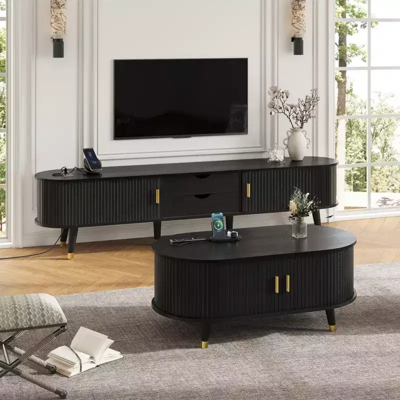 Olivia Mid-Century Modern Wooden Fluted TV Stand and Coffee Table with Charging Station, Sliding Doors and Storage