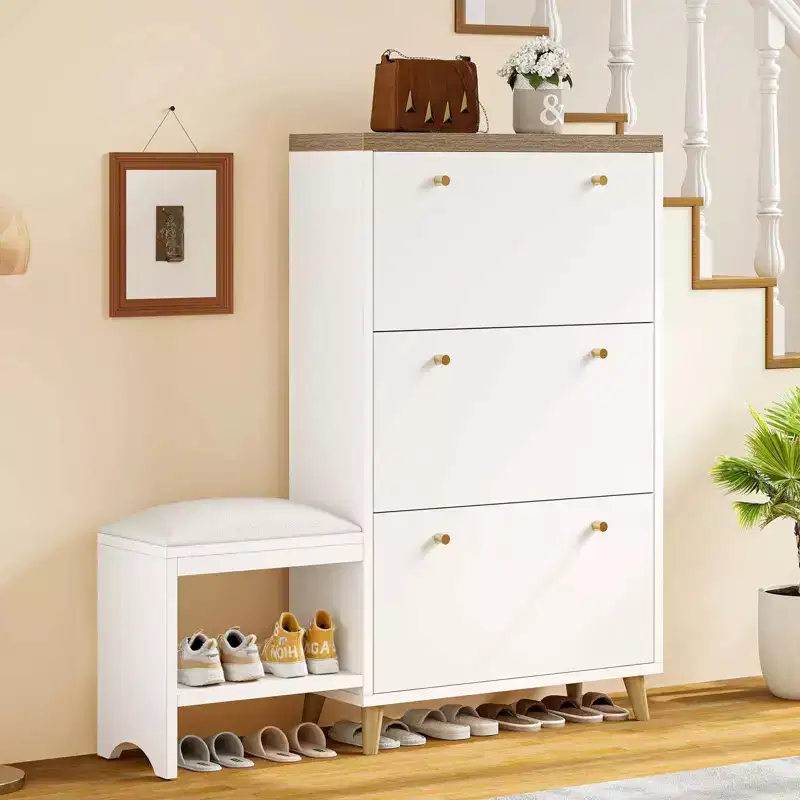 3 Flip Drawers Shoe Rack Bench Wood Storage Standing Cabinet Organizer Entryway