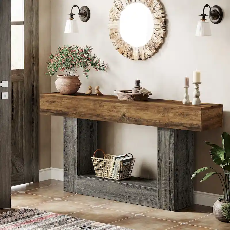 63 Inches Brown and Gray Narrow Long Wood Console Table for Entryway