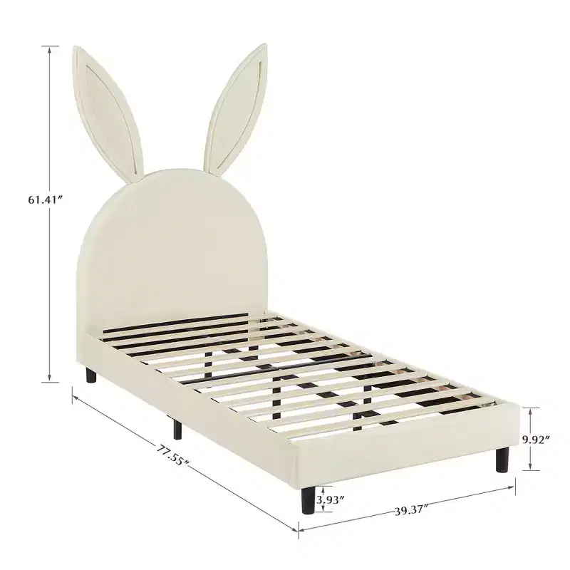 Kids Twin Platform Bed Frame, Rabbit Ear Velvet Headboard, 650 lb, Pink/Blue/Beige