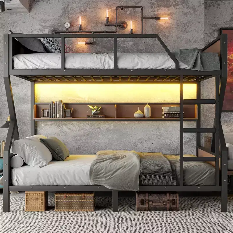Queen over Queen Metal Bunk Bed with Storage Shelves & LED Light, Heavy-Duty Bunk Bed Frame with Guardrails & Ladder, Noise-Free, Black
