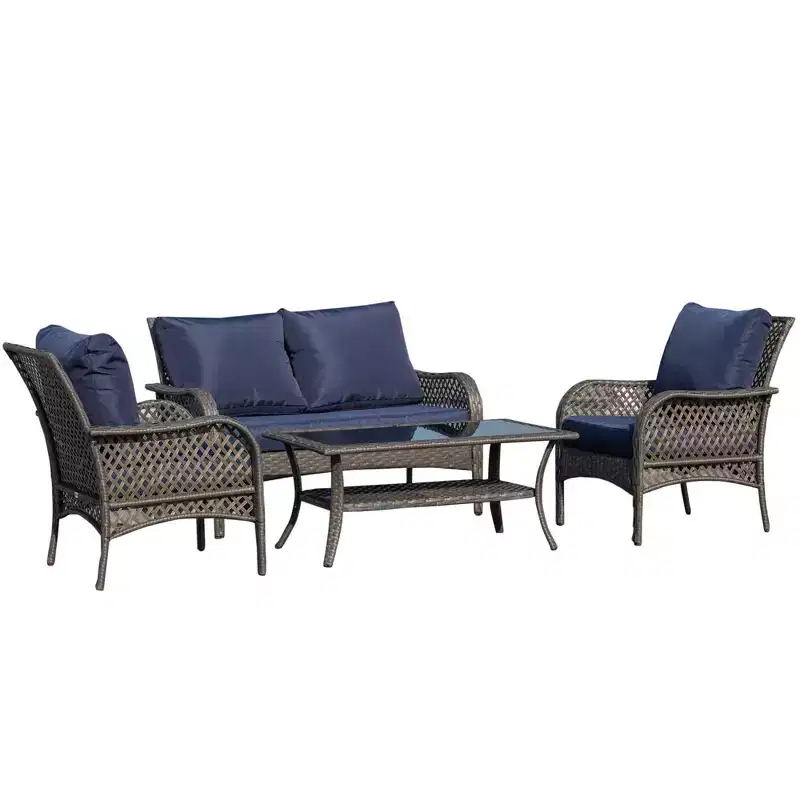 Outsunny 4-Piece Outdoor Wicker Sofa Set, Outdoor PE Rattan Conversation Furniture with 4 Chairs & Table, Water-Fighting Material