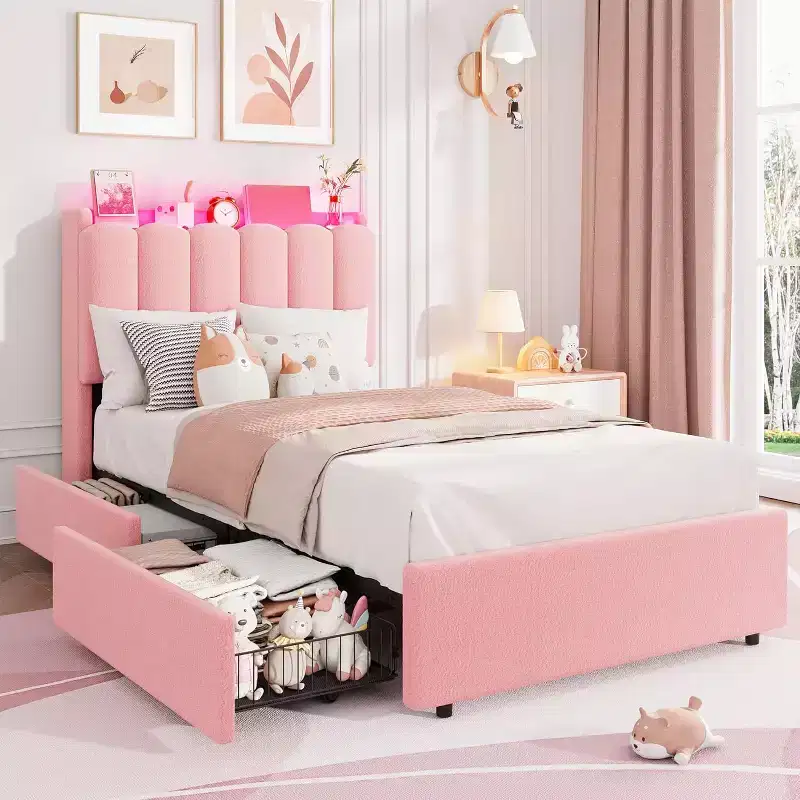 LED Twin Size Bed Frame with Storage Headboard with 2 Drawers Chic Wavy Headboard with Bookcase, Mattress Foundation with Wooden