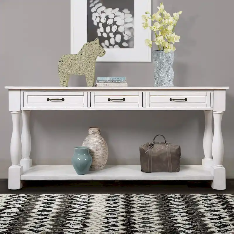 Solid Wood Console Table with 3 Drawers and Bottom Shelf - 63W