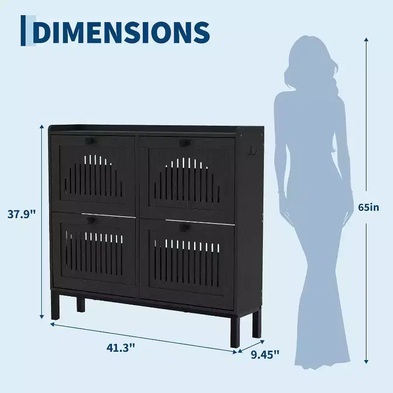 4 Flip-Drawer Shoe Cabinet, Adjustable Shelves, Holds 15 Pairs – Freestanding Wood