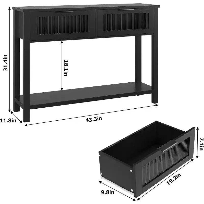 43.3'' Entryway Table, Wood Console Table with 2 Glass Drawers and Open Shelf,Behind Couch Entry Foyer Hallway Storage,for Living Room, Hallway