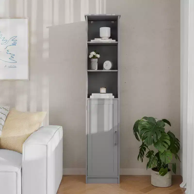 Freestanding Narrow Bathroom Linen Tower Storage Cabinet with Door and Open Shelves
