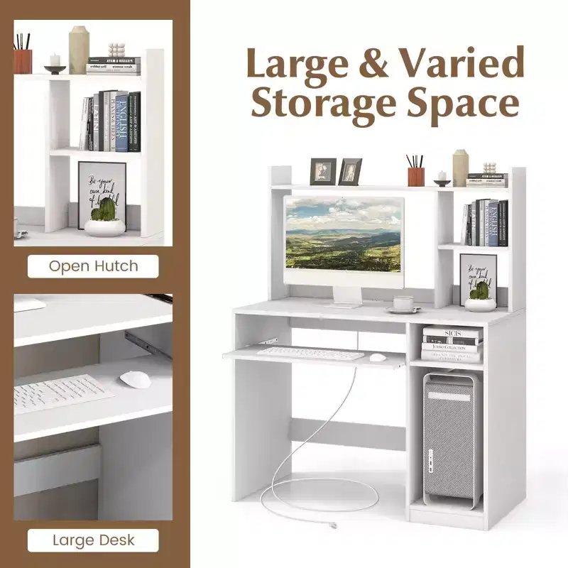 Computer Desk with Charging Station Hutch and CPU Stand White