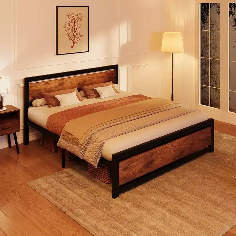 Full Metal Platform Bed Frame with Wooden Headboard, Heavy Duty, Non-Slip, Large Underbed Storage, No Box Spring Needed, Noise-Free, Full Size