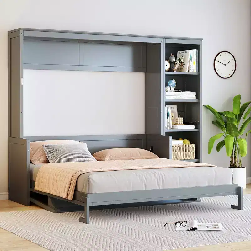 Queen Size Murphy Bed with Desk and Bookshelf, Easy Assembly