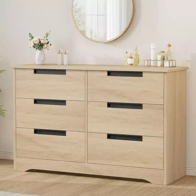6 Drawer Dresser,Natural Modern Double Dresser Organizer with Embedded Handles Design for Bedroom