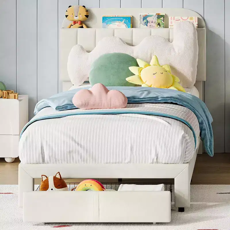 Twin Bed Frame with Drawer, Velvet Upholstered Platform BedFrame with Storage Headboard for Kids, No Box Spring Needed, Easy Assembly