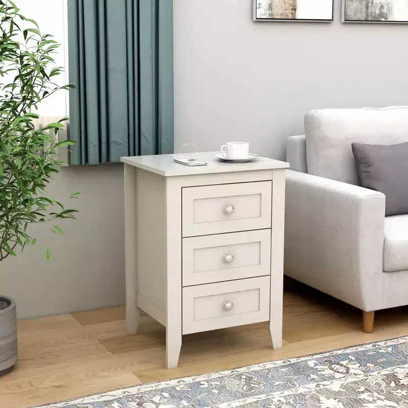 White 3 USB Charging 3 Drawer Nightstand for Bedroom Living Room